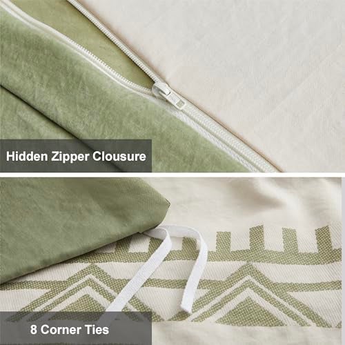 Oli Anderson Boho Duvet Cover Set Queen Size, Beige and Sage Green Color Clash 3 Pieces Microfiber Bedding Set, Durable and Super Soft Duvet Covers with Zipper and Ties, 90"*90" - Image 4