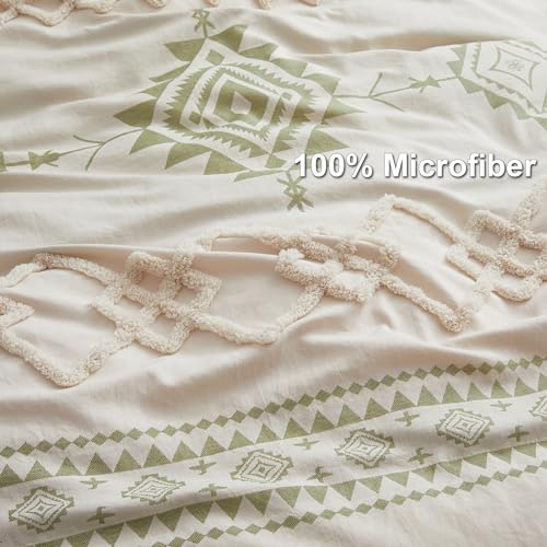 Oli Anderson Boho Duvet Cover Set Queen Size, Beige and Sage Green Color Clash 3 Pieces Microfiber Bedding Set, Durable and Super Soft Duvet Covers with Zipper and Ties, 90"*90" - Image 3