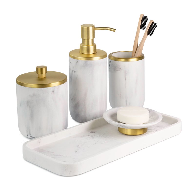 L'MKI Bathroom Soap Dispenser Set  Bathroom Toothbrush Holder Set Marble Gold Farmhouse Bathroom Decor 5 Piece Bathroom Accessories Set 