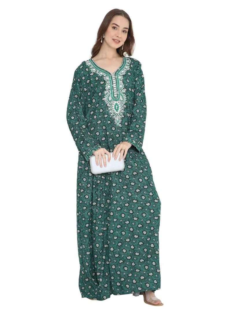 HANA & SARA EMBROIDERY IN STYLISH ELEGANT DESIGN WITH PRINTED LONG ARABIC KAFTAN JALABIYA DRESS