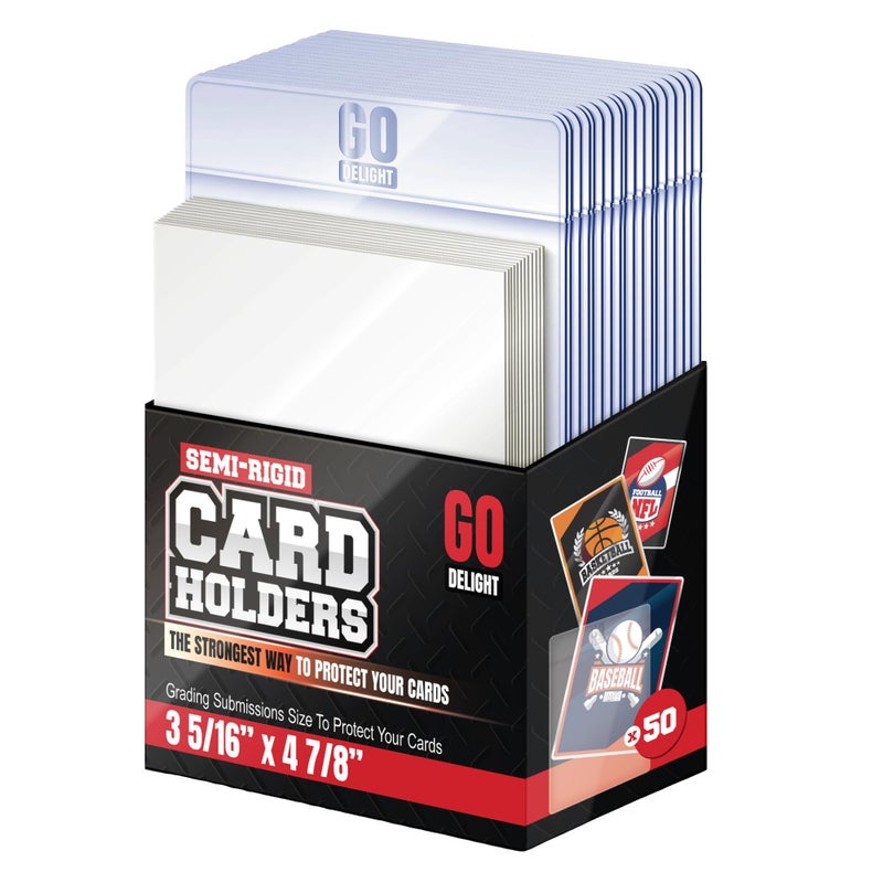 GO DELIGHT Semi Rigid Card Holders for PSA, SGC, BGS, CSG Grading â€“ 100 Bundle - Baseball Card Sleeves - 50 Card Holders for Trading Cards + 50 Soft Sleeves â€“ 3-5/16â€ x 4-7/8â€ with 1/2â€ Lip - Image 1