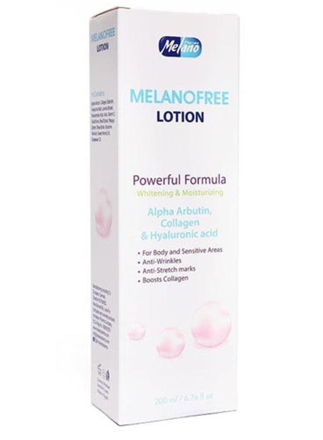 Melano Pharma لوشن ميلانوفري لتفتيح البشرة وترطيبها، غني بالألفا أربوتين والكولاجين وحمض الهيالورونيك، تركيبة مضادة للتجاعيد وعلامات التمدد تعزز الكولاجين. 200 مل. - Image 1