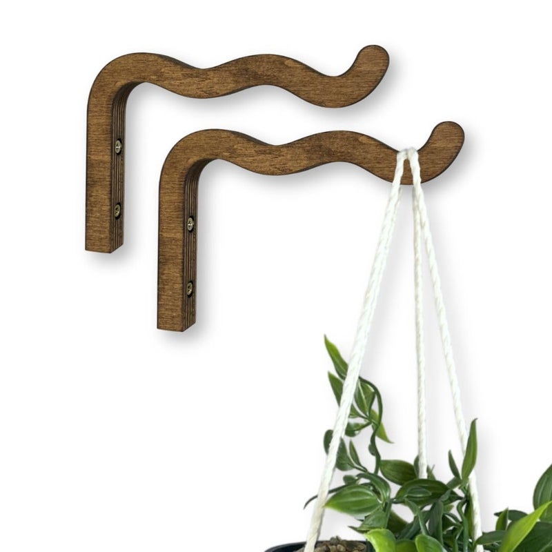 EvenWood 2Piece Set of Wavy Wooden Wall Planters for Indoor Plants 6 Inch Natural Plant Hook for Wall Plant Wind Chimes Flower Brackets Patio Garden Decorations Bracket Plant Hanger Walnut - Image 2
