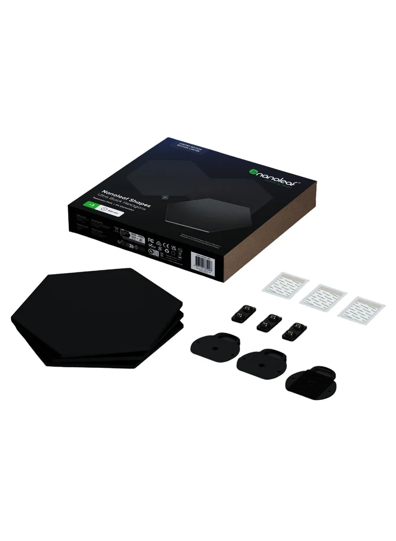 Nanoleaf Limited Edition Ultra Black SHAPES Hexagons - 3 Panels Expansion Pack - Smart WiFi LED w/ Music Visualizer, Wall Decor, Home or Office Use, 16M+ Colors, Low Energy Consumption | Gaming Lights - Black