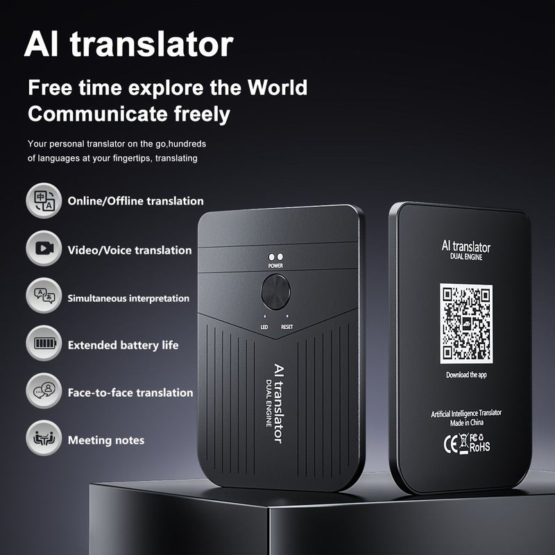 جهاز ترجمة ذكي ذو ذكاء اصطناعي في الوقت الفعلي يعمل بدون إنترنت وعبر الإنترنت، مزود بترجمة صوتية وفيديو، متوافق مع الإنجليزية والصينية والعديد من اللغات، ومترجم محمول لاجتماعات الأعمال والسفر والمؤتمرات - اللون أسود. - Image 1