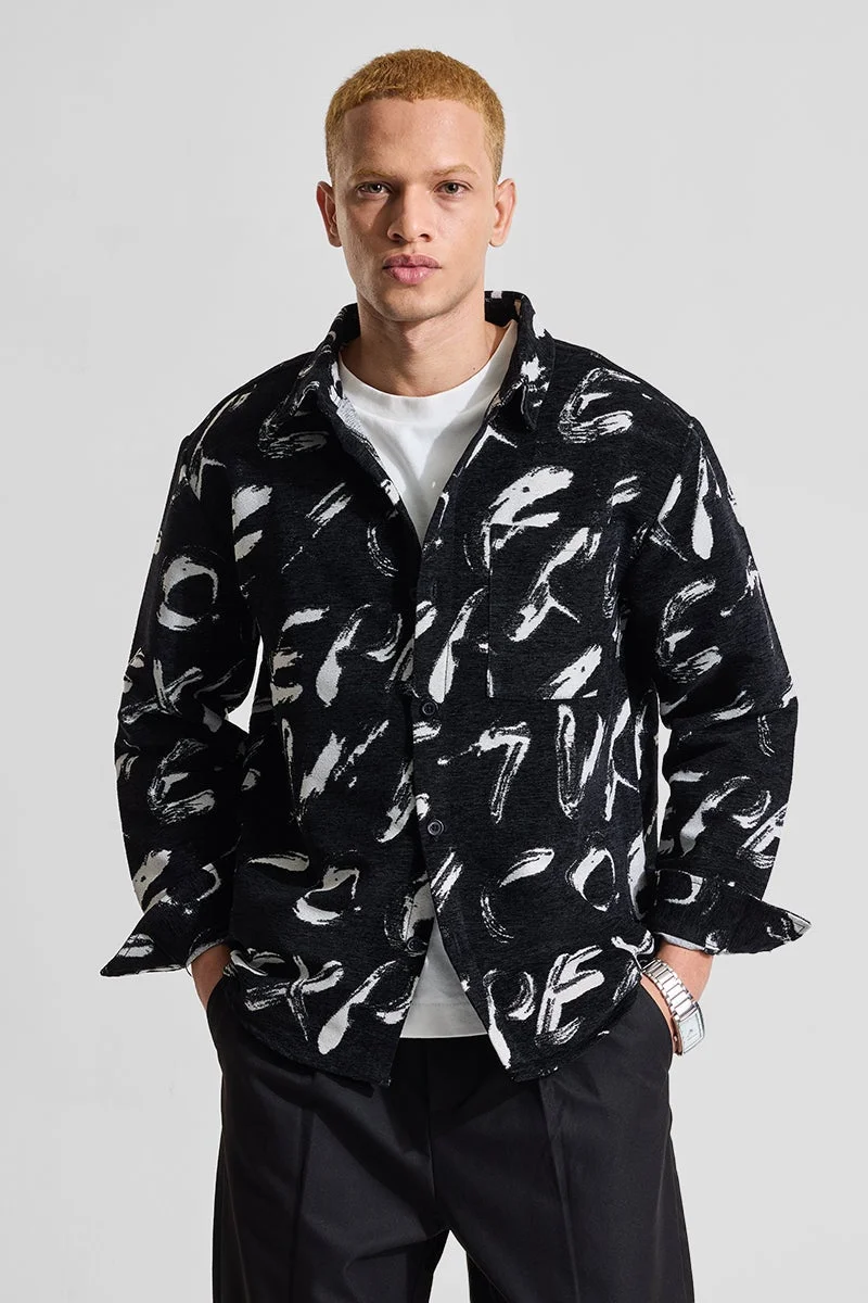 SNITCH Black Abstract Long Sleeve Relaxed Streetwear Overshirt