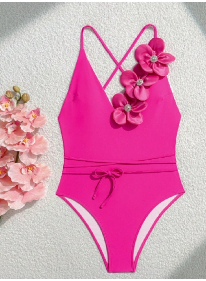 SHEIN 1pc Women Elegant Minimalist Floral Print One-Piece Swimsuit, Suitable For Beach Vacation For Summer - Image 3