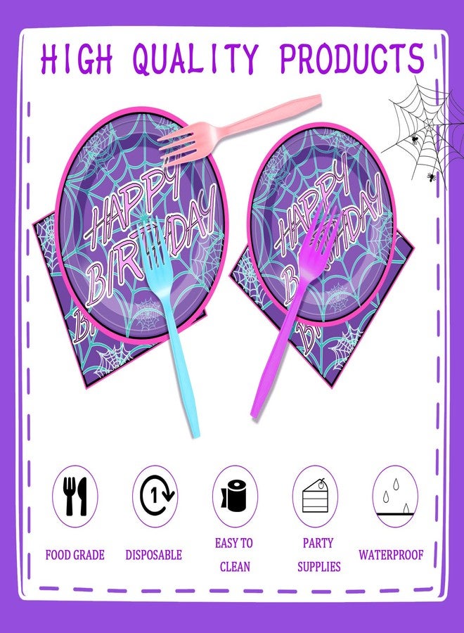 Romooa 96 Pcs Spiderweb Party Plates and Napkins Spider Birthday Decorations Ghost Disposable Porks Spiderweb Tableware Set for Spider Party Supplies(Purple,Happy Birthday) - Image 4