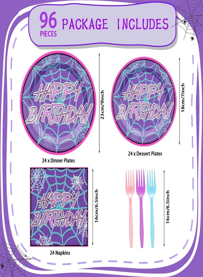 Romooa 96 Pcs Spiderweb Party Plates and Napkins Spider Birthday Decorations Ghost Disposable Porks Spiderweb Tableware Set for Spider Party Supplies(Purple,Happy Birthday) - Image 3