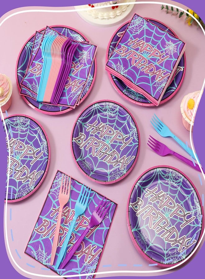 Romooa 96 Pcs Spiderweb Party Plates and Napkins Spider Birthday Decorations Ghost Disposable Porks Spiderweb Tableware Set for Spider Party Supplies(Purple,Happy Birthday) - Image 5