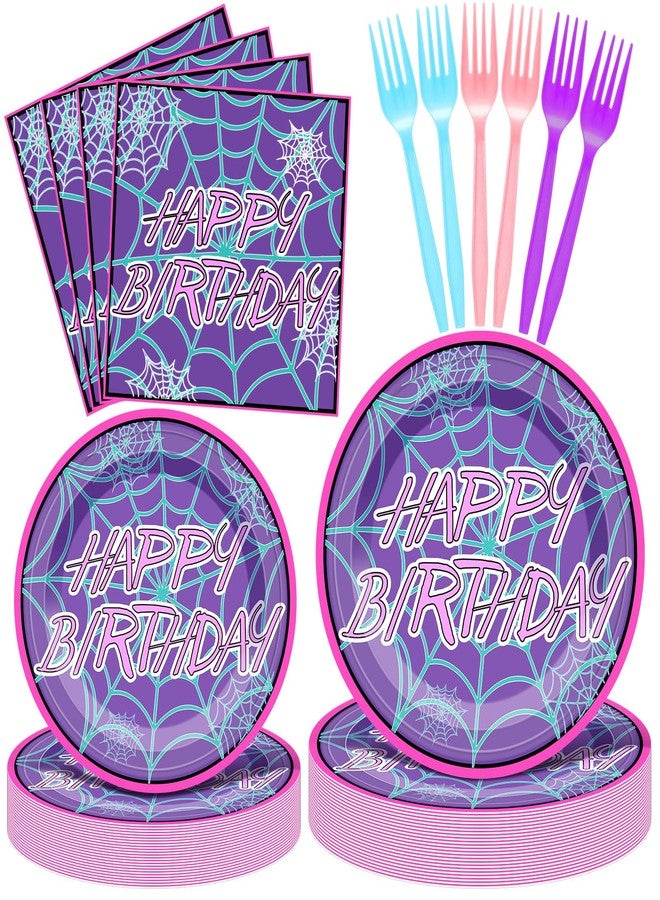 Romooa 96 Pcs Spiderweb Party Plates and Napkins Spider Birthday Decorations Ghost Disposable Porks Spiderweb Tableware Set for Spider Party Supplies(Purple,Happy Birthday) - Image 2