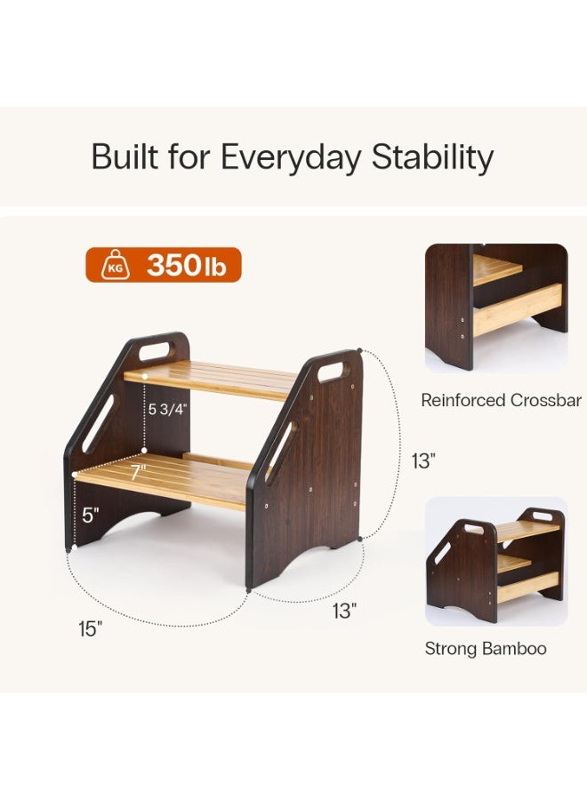 Bamboo children's step stool with handles, 15-inch wide non-slip step, 350 lb capacity, portable wooden footstool with two steps, easy to assemble and clean, ideal for bathroom, kitchen, sink, and toilet. - Image 2
