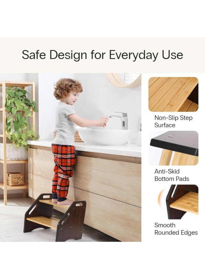 Bamboo children's step stool with handles, 15-inch wide non-slip step, 350 lb capacity, portable wooden footstool with two steps, easy to assemble and clean, ideal for bathroom, kitchen, sink, and toilet. - Image 3
