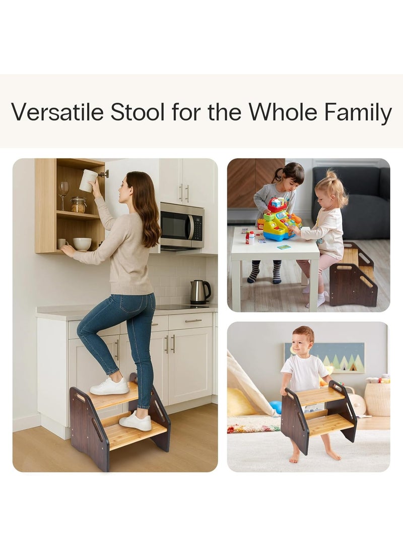 Bamboo children's step stool with handles, 15-inch wide non-slip step, 350 lb capacity, portable wooden footstool with two steps, easy to assemble and clean, ideal for bathroom, kitchen, sink, and toilet. - Image 4