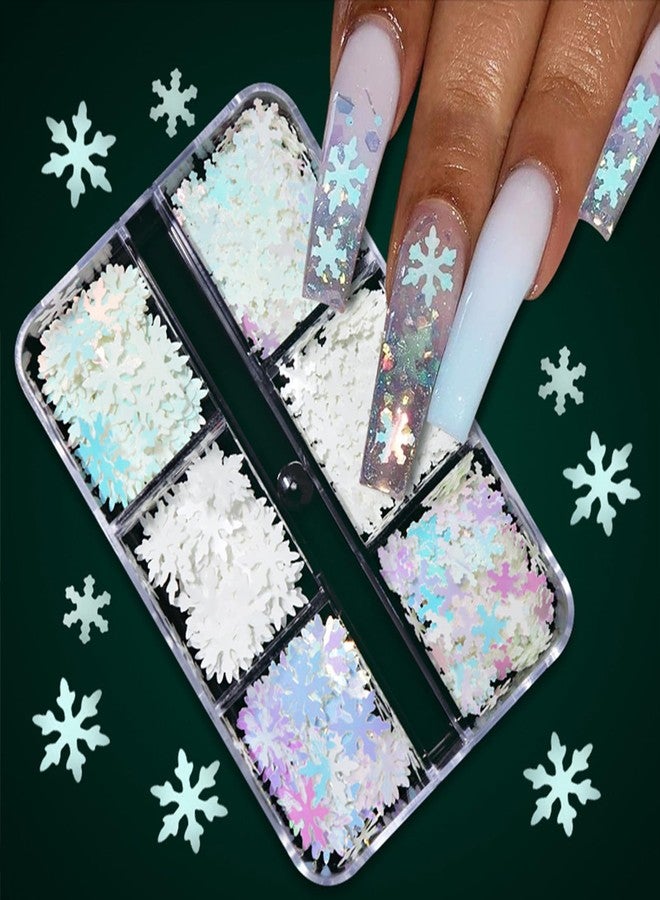 Jacnkb 6 Grids White Snowflake Nail Art Sequins Christmas Snowflake Nail Glitter Flakes 3D Holographic Laser Nail Glitters Winter Nail Art Supplies Decorations Christmas Nails Decals Stickers for Women - Image 1