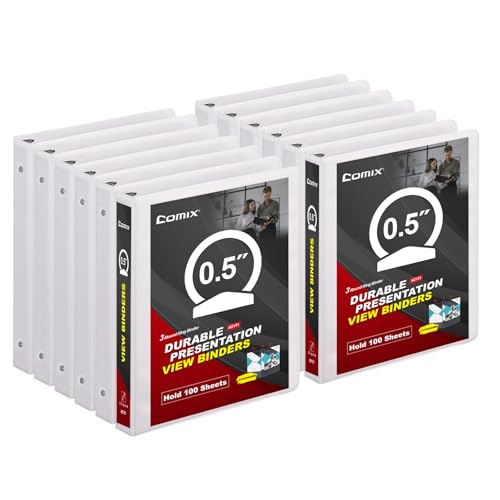 COMIX Sturdy 3 Ring Binder 05 inch with Clear View Cover 12 Round Ring View Binder PVCFree 24mmThick 100 Sheets Capacity of US Letter Size Paper Office School Supplies Pack of 12 White - Image 1