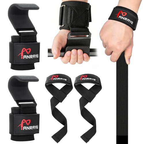 Anraye Weight Lifting Hooks & Wrist Straps Set – Lifting Hooks with Anti-Slip Grip, Adjustable Wrist Wraps for Weightlifting, Deadlifts, Powerlifting, Gym Straps for Men and Women, Black-Red - Image 1