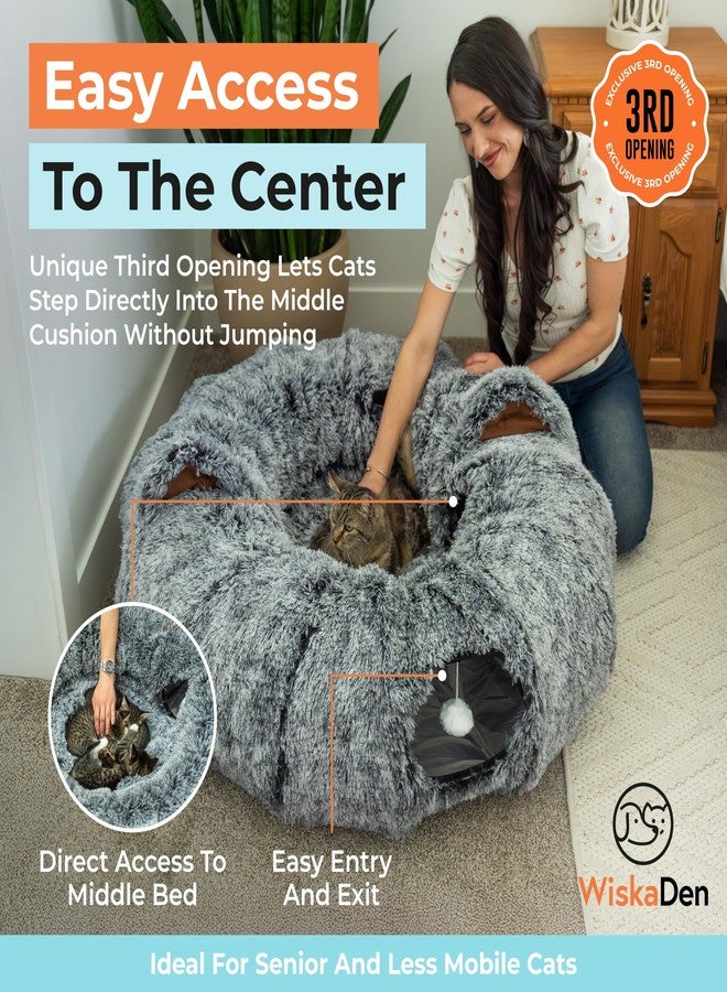 WiskaDen XL Plush Cat Tunnel Bed with Toy and Elderly Feline Access. 3-in-1 Dark Grey Fluffy Donut Cushion with Ears. Circle Tube for Indoor Cats Leisure, Hiding Spot, Dog Bed, or Rabbit Cave - Image 2