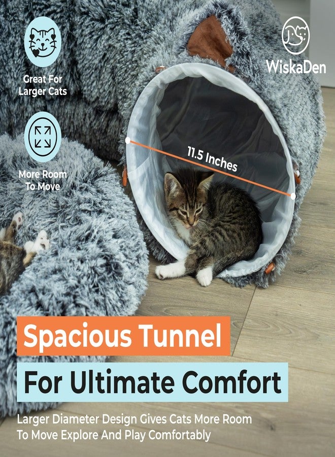 WiskaDen XL Plush Cat Tunnel Bed with Toy and Elderly Feline Access. 3-in-1 Dark Grey Fluffy Donut Cushion with Ears. Circle Tube for Indoor Cats Leisure, Hiding Spot, Dog Bed, or Rabbit Cave - Image 4