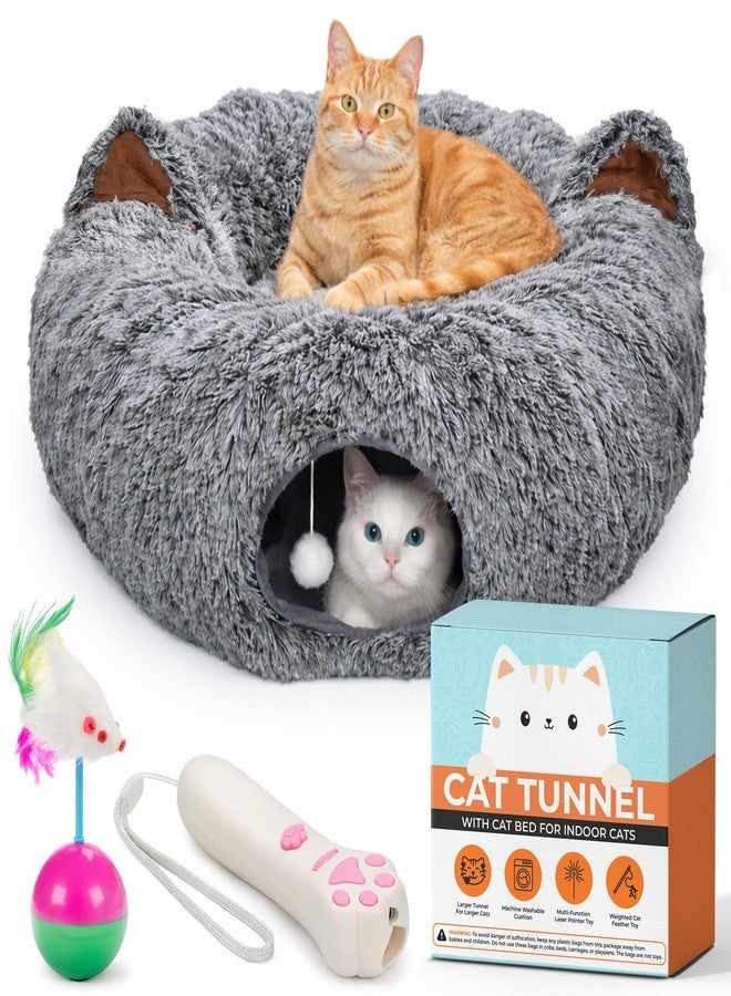 WiskaDen XL Plush Cat Tunnel Bed with Toy and Elderly Feline Access. 3-in-1 Dark Grey Fluffy Donut Cushion with Ears. Circle Tube for Indoor Cats Leisure, Hiding Spot, Dog Bed, or Rabbit Cave - Image 1