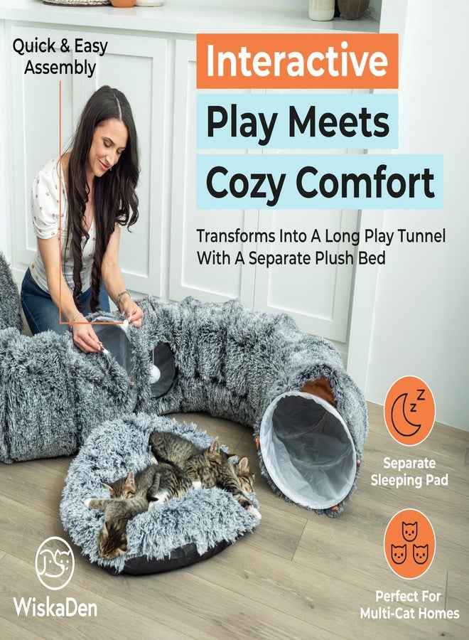 WiskaDen XL Plush Cat Tunnel Bed with Toy and Elderly Feline Access. 3-in-1 Dark Grey Fluffy Donut Cushion with Ears. Circle Tube for Indoor Cats Leisure, Hiding Spot, Dog Bed, or Rabbit Cave - Image 3