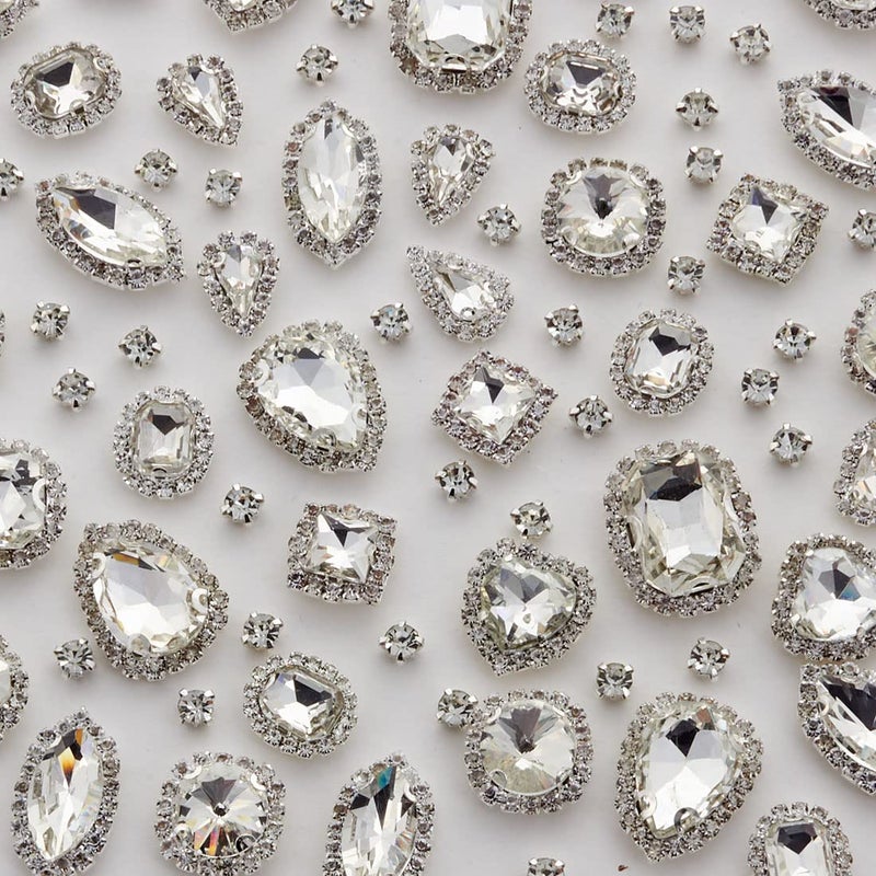 TANOSII Sew on Rhinestones 100 PCS Mixed Shapes Glass Rhinestones Sew on Crystal Gems Mental Flatback with Silver Claw for Jewelry Crafts Clothes Shoes Costume Garment White Type 1 - Image 1