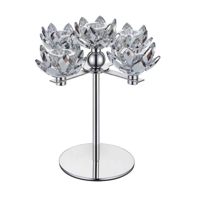 Dounx Crystal Candle Holders Lotus Candelabras Silver Arch Candlestick, Centerpiece Table, Home Hecor for Wedding, Dinning Room, Coffee Table, Kitchen, Living Room, Entryway (5 Arms, Taper Candle) - Image 1
