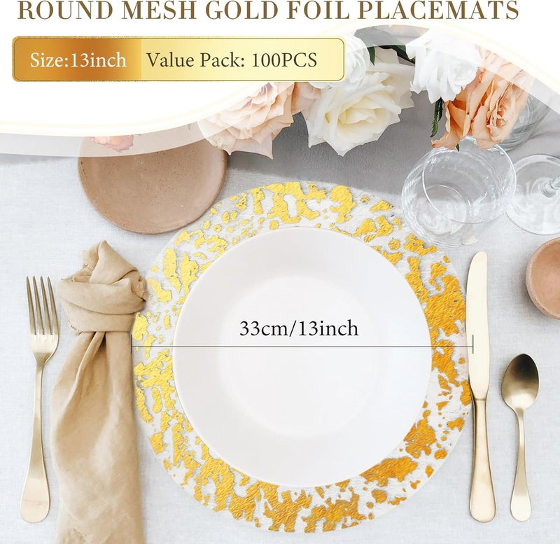KesaPlan 100 PCS Disposable Gold Placemats Set 13 Metallic Round Doilies for Tables Gold Foil Mesh Pressed String Table Mats Thin Mesh Decorative Doilies for Wedding Holiday Party Christmas - Image 2