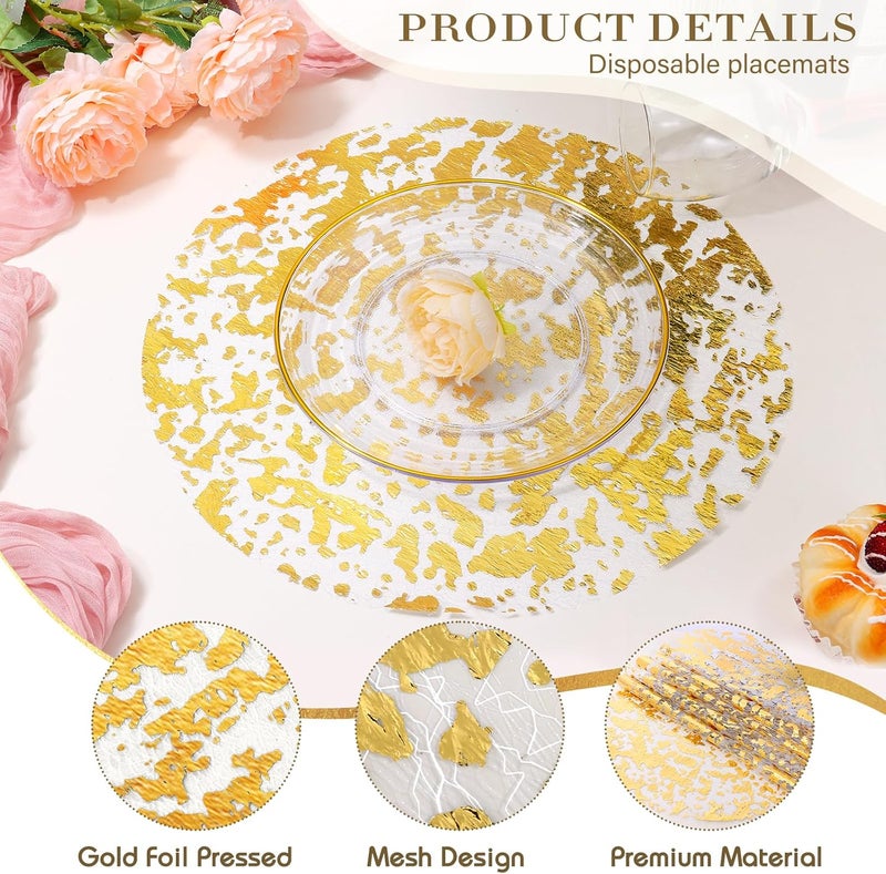 KesaPlan 100 PCS Disposable Gold Placemats Set 13 Metallic Round Doilies for Tables Gold Foil Mesh Pressed String Table Mats Thin Mesh Decorative Doilies for Wedding Holiday Party Christmas - Image 3