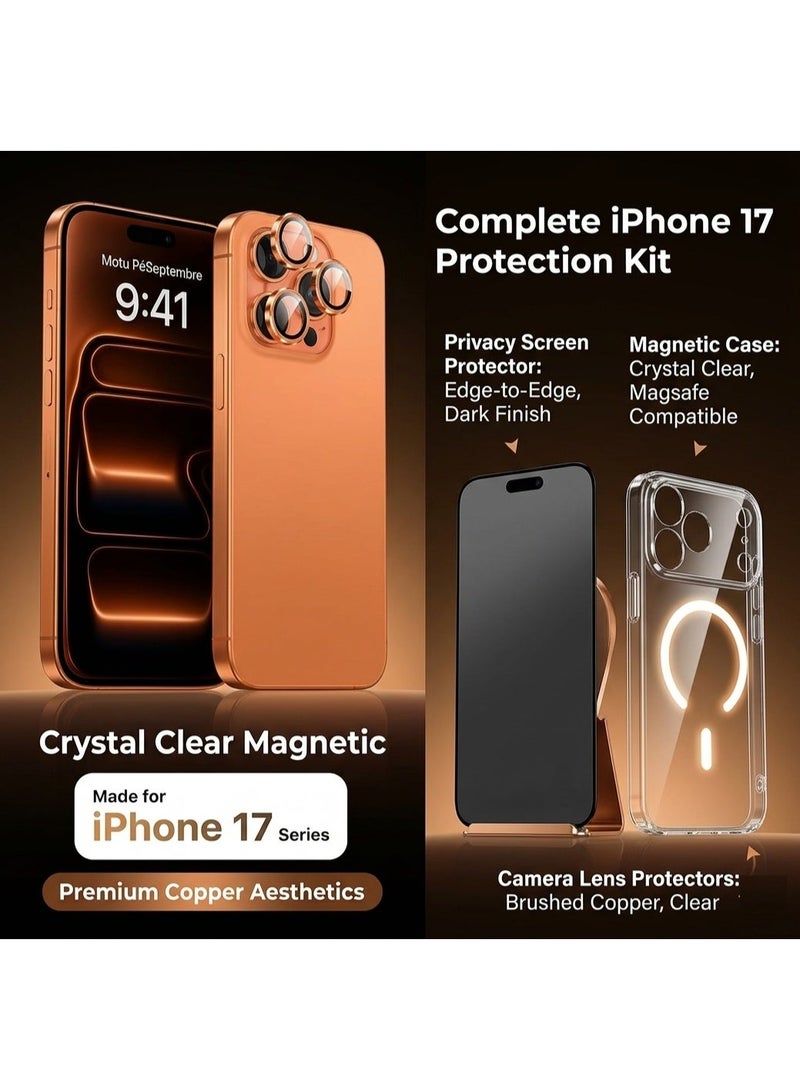مجموعة حماية كاملة 3 في 1 لهاتف iPhone 17 Pro - تتضمن غطاء MagSafe المغناطيسي الشفاف، وواقي شاشة للخصوصية، وواقيات عدسة الكاميرا المعدنية - إصدار نحاسي فاخر - Image 1