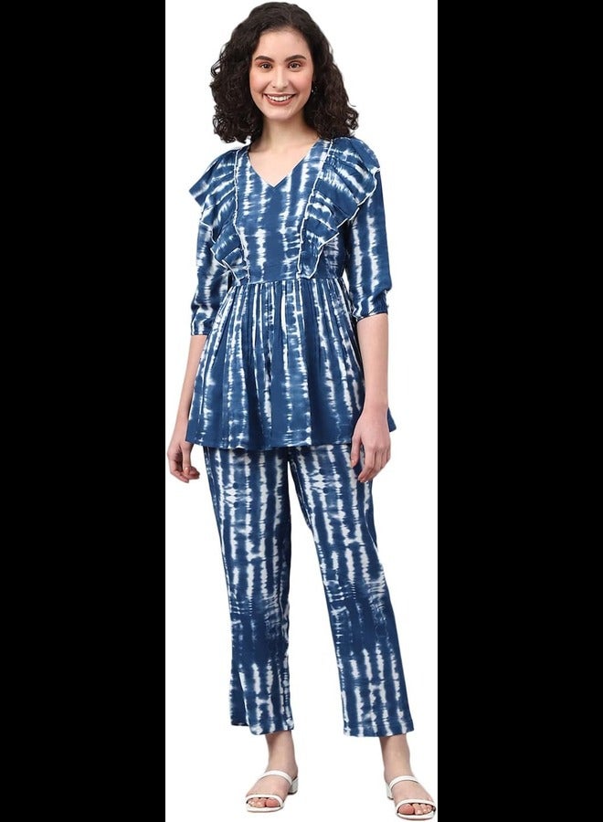 DEEBACO Women's Tie-Dye Rayon Frilled Top & Pant Set|Relaxed Fit Co-Ord Set for Women|V-Neck 3/4 Sleeves|Western Casual Wear Set|Dress for Women Cord Sets|Two Pieces Outfit (Blue), Blue, XL  - Image 1