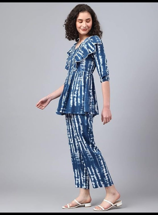 DEEBACO Women's Tie-Dye Rayon Frilled Top & Pant Set|Relaxed Fit Co-Ord Set for Women|V-Neck 3/4 Sleeves|Western Casual Wear Set|Dress for Women Cord Sets|Two Pieces Outfit (Blue), Blue, XL  - Image 2