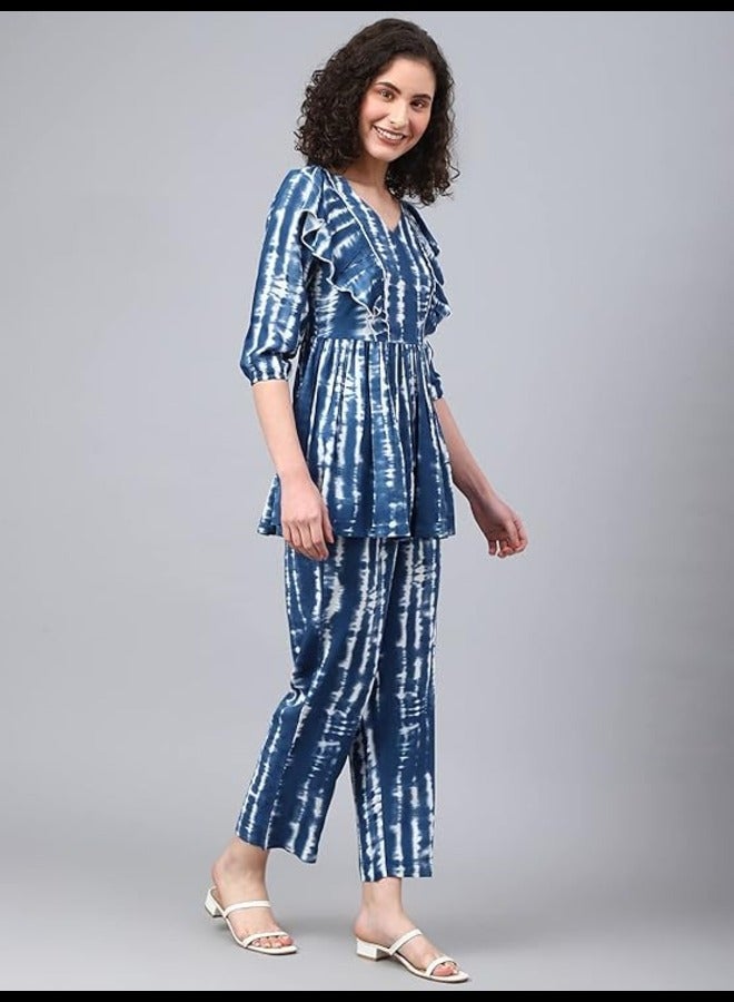 DEEBACO Women's Tie-Dye Rayon Frilled Top & Pant Set|Relaxed Fit Co-Ord Set for Women|V-Neck 3/4 Sleeves|Western Casual Wear Set|Dress for Women Cord Sets|Two Pieces Outfit (Blue), Blue, XL  - Image 3