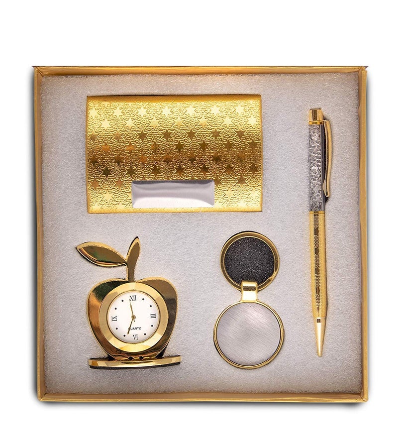 LAVANAYA SILVER®- Gold Plated 4-in-1 Corporate Gift Set for Men – Apple Shape Table Clock, Crystal Pen, Business Card Holder & Keychain – Ideal for Office | Anniversary | Birthday & Corporate Gifting - Image 2