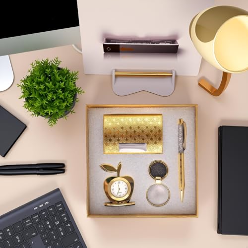 LAVANAYA SILVER®- Gold Plated 4-in-1 Corporate Gift Set for Men – Apple Shape Table Clock, Crystal Pen, Business Card Holder & Keychain – Ideal for Office | Anniversary | Birthday & Corporate Gifting - Image 1