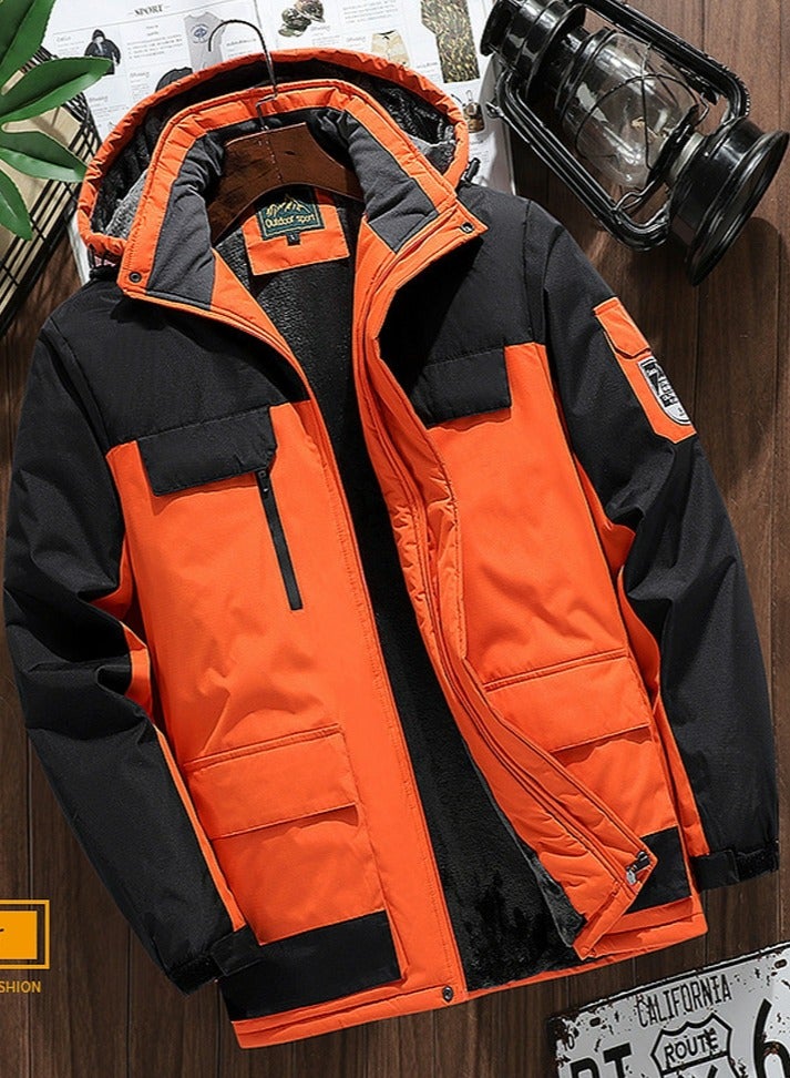 Loquat Men's Thicken Jacket Warm Winter Waterproof Windbreaker Detachable Hat Coat Orange/Black