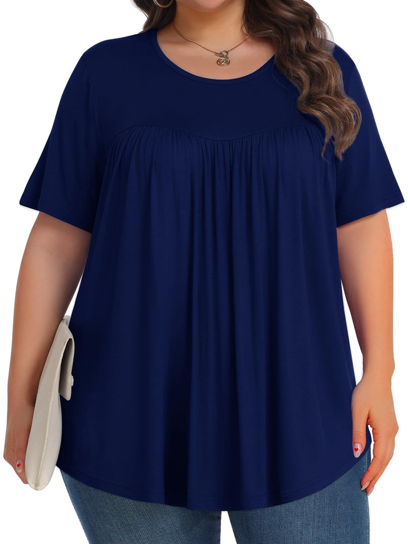 Tencede Womens Plus Size Tops Tunic Short Sleeve Crew Neck Shirts Casual Soft Blouse Navy Blue 3X - Image 3