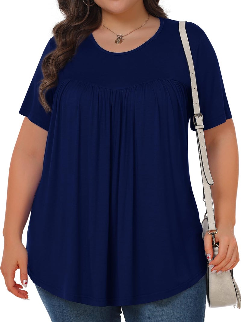 Tencede Womens Plus Size Tops Tunic Short Sleeve Crew Neck Shirts Casual Soft Blouse Navy Blue 3X - Image 2