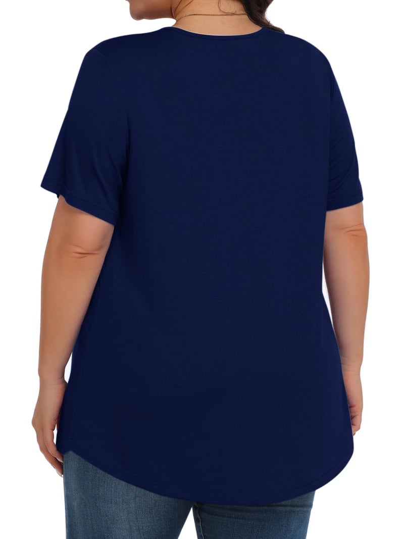 Tencede Womens Plus Size Tops Tunic Short Sleeve Crew Neck Shirts Casual Soft Blouse Navy Blue 3X - Image 4