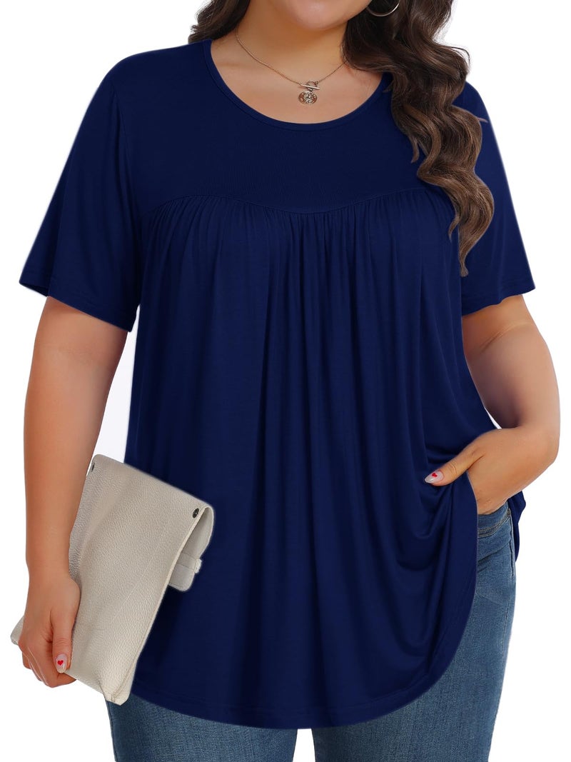 Tencede Womens Plus Size Tops Tunic Short Sleeve Crew Neck Shirts Casual Soft Blouse Navy Blue 3X - Image 1