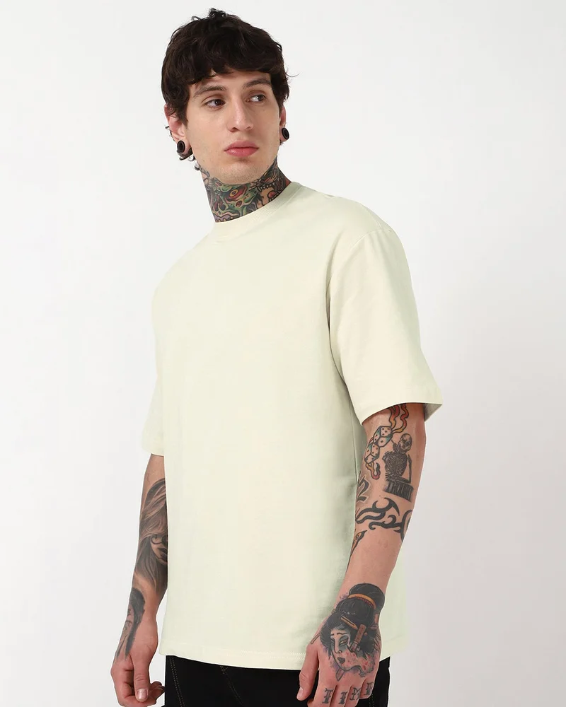bewakoof Men's Off White Oversized T-shirt