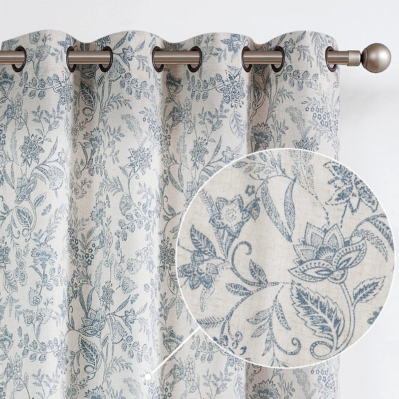 Lazzzy Linen Farmhouse Curtains for Living Room 63 Inch Length Floral Print Window Curtains Semi Sheer Drapes for Bedroom Country Light Filtering Curtain Grommet Top 2 Panels Blue on Beige