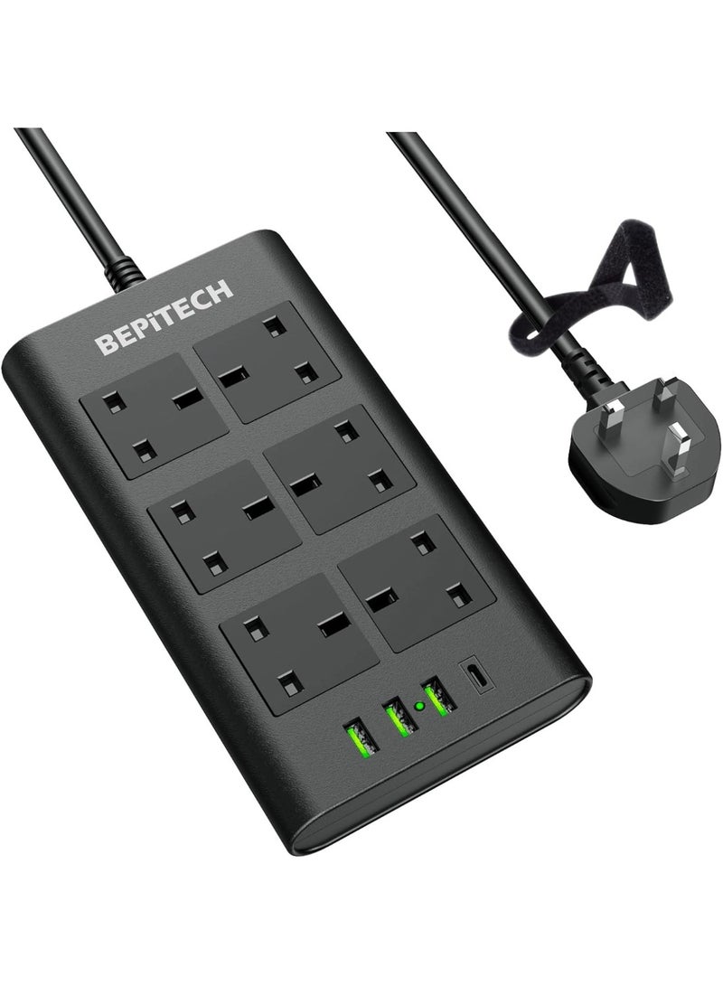 BEPiTECH 20W USB-C upgraded 6 UK Power Socket Extension Cord, Surge Protected, Multi-plug 4 USB Ports Charging Station, Flat 2 Meter Strip Lead for phone/Tablet/Laptops/Travel/Office/Home - Image 1