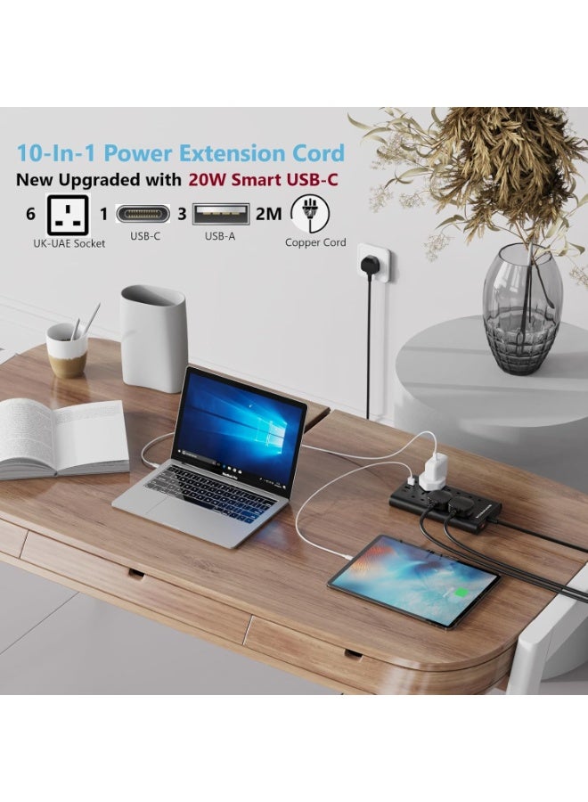 BEPiTECH 20W USB-C upgraded 6 UK Power Socket Extension Cord, Surge Protected, Multi-plug 4 USB Ports Charging Station, Flat 2 Meter Strip Lead for phone/Tablet/Laptops/Travel/Office/Home - Image 2