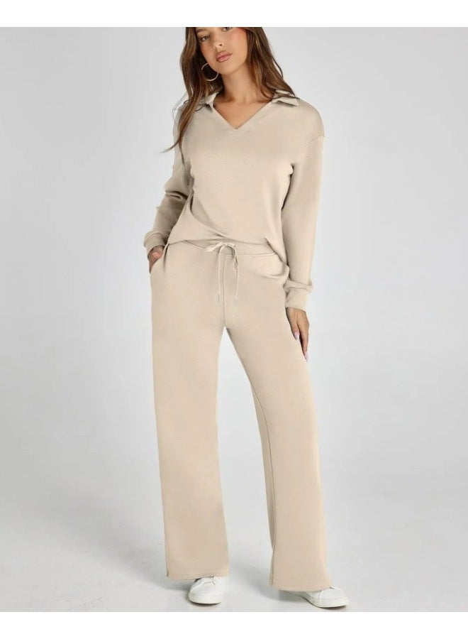 Loose V-neck Long Sleeve Top With Drawstring Design Loose Waist Trousers Two-piece Set