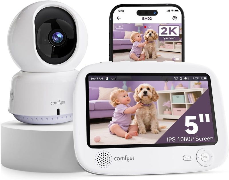 Comfyer Smart WiFi Baby Monitor  5 1080P Split Screen  2K Camera App Control Motion Alerts Sound Detection HD Night Vision 5050mAh Battery 2Way Talk MultiUser Triple Security 1600ft Range - Image 1