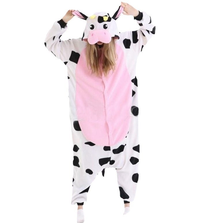 Powder Cow Cartoon One-Body Pajamas Men And Women Polar Fleece Long Sleeve Trousers Animal Performance Kigurumi - Image 5