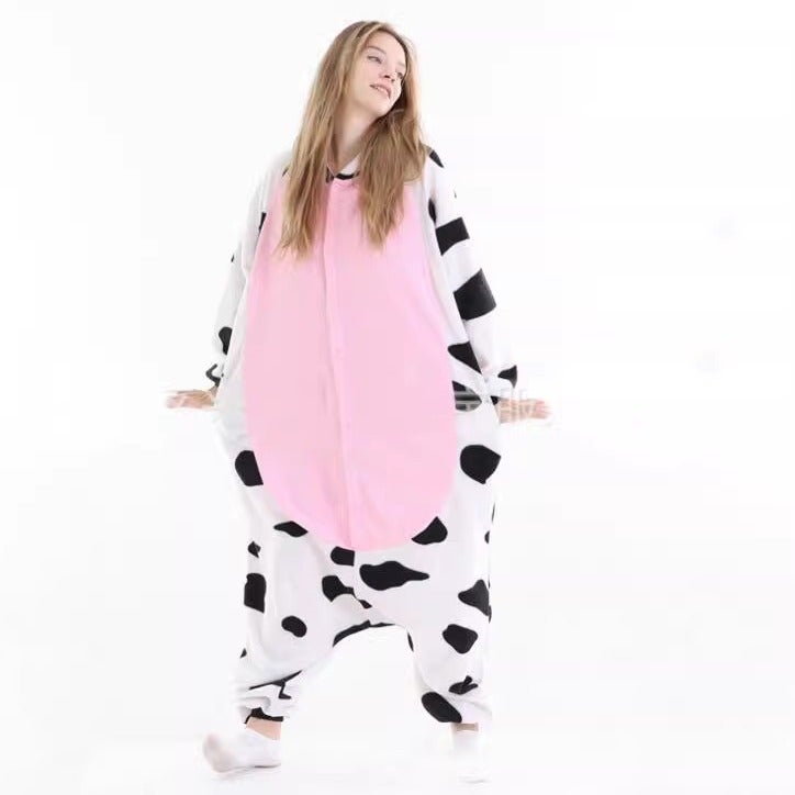 Powder Cow Cartoon One-Body Pajamas Men And Women Polar Fleece Long Sleeve Trousers Animal Performance Kigurumi - Image 2
