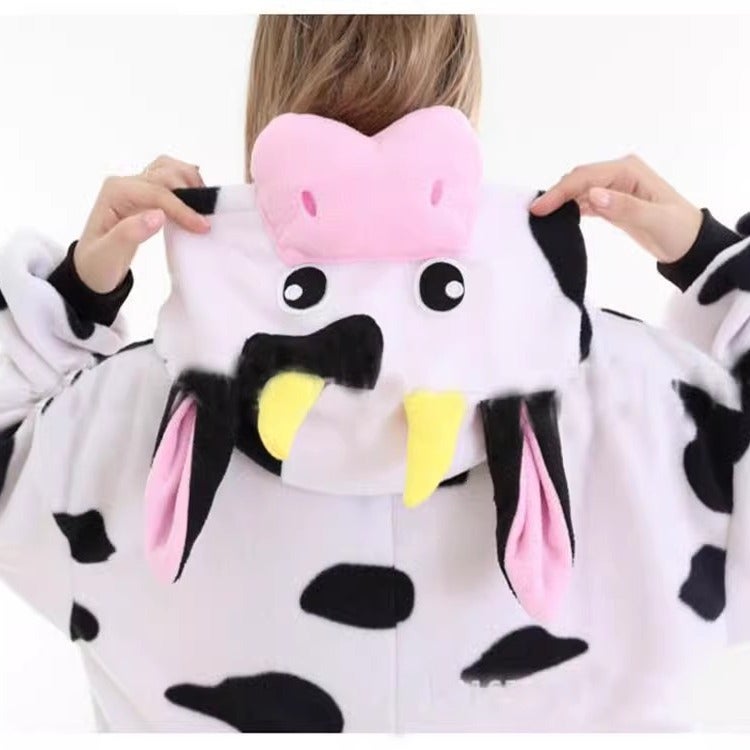 Powder Cow Cartoon One-Body Pajamas Men And Women Polar Fleece Long Sleeve Trousers Animal Performance Kigurumi - Image 4