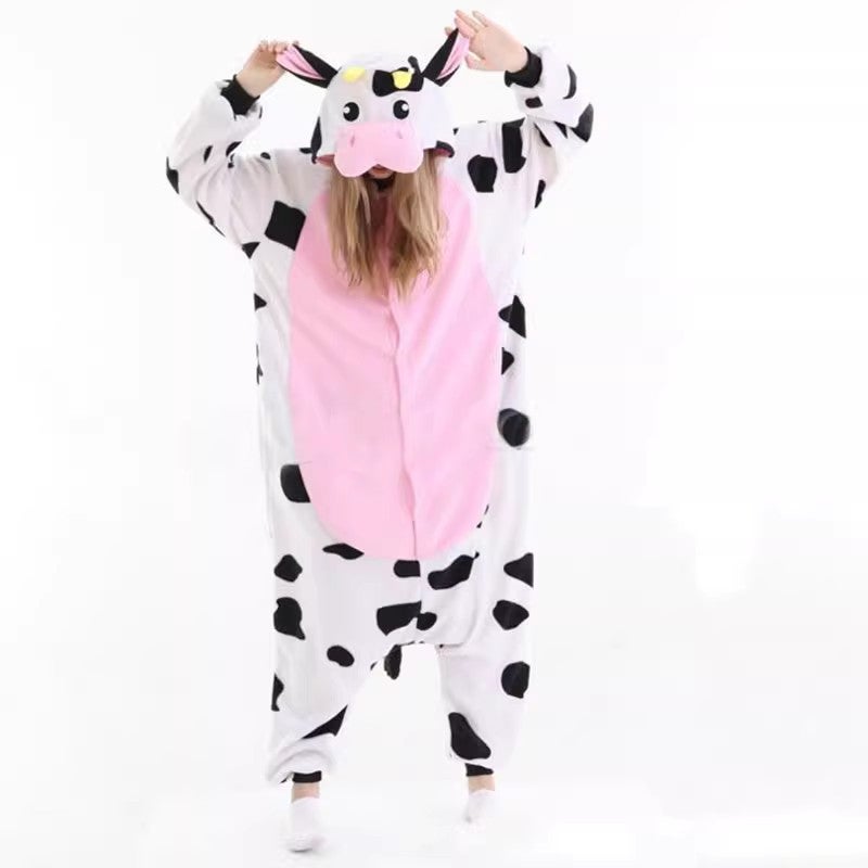 Powder Cow Cartoon One-Body Pajamas Men And Women Polar Fleece Long Sleeve Trousers Animal Performance Kigurumi - Image 1